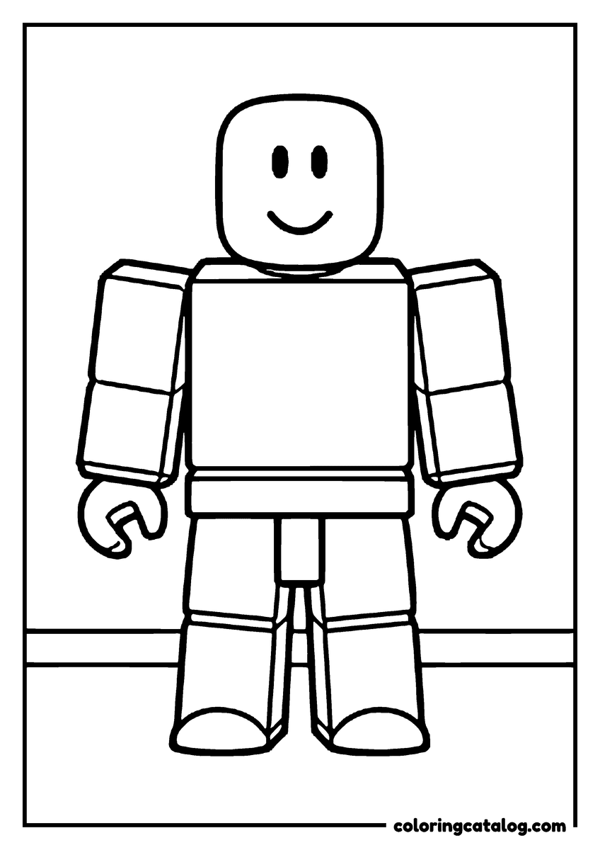 Free Roblox coloring sheet: A blocky figure stands facing forward with its arms at its sides and a simple smile