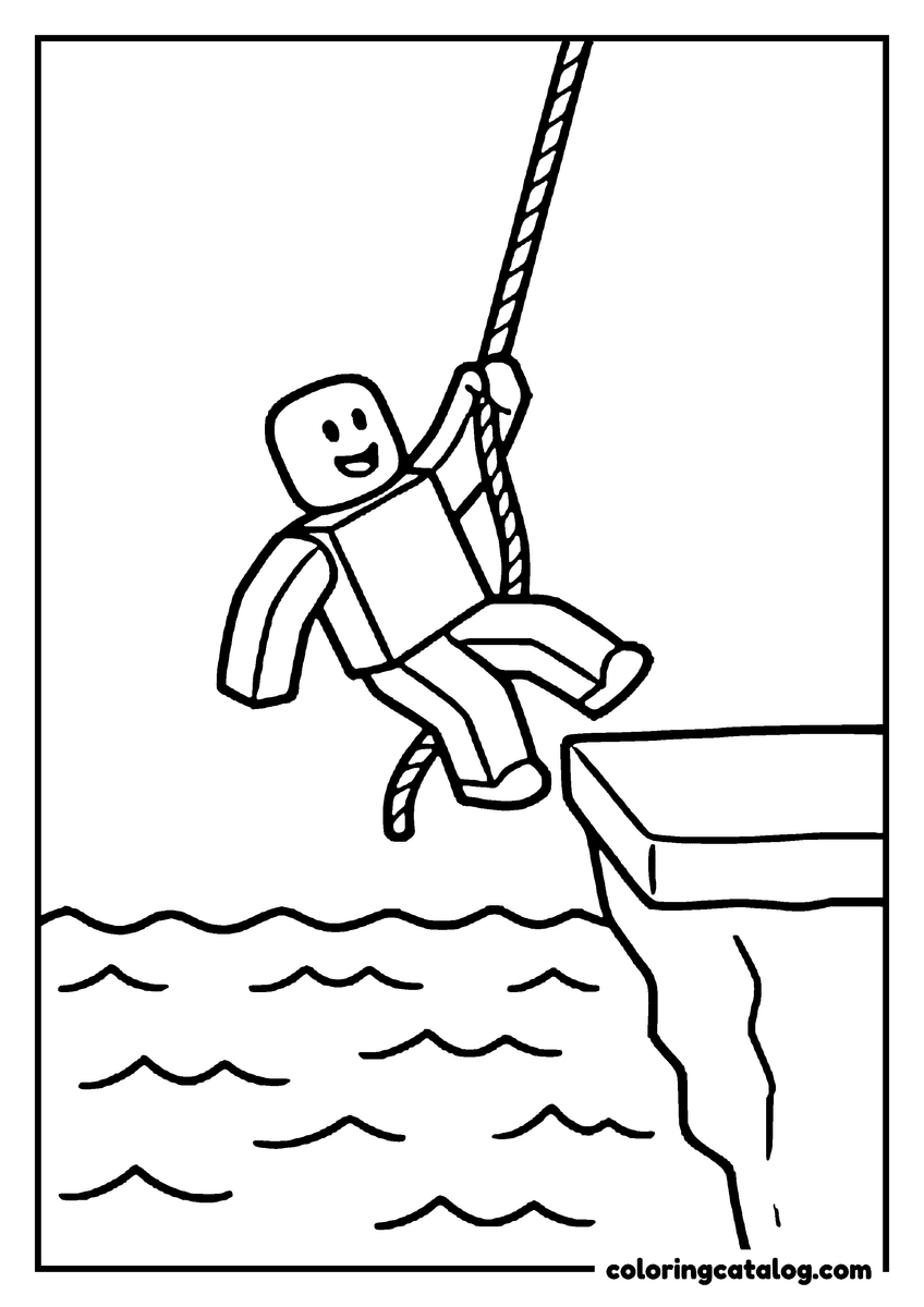 Free Roblox coloring sheet: A blocky figure swings on a rope over open water towards a waiting ledge