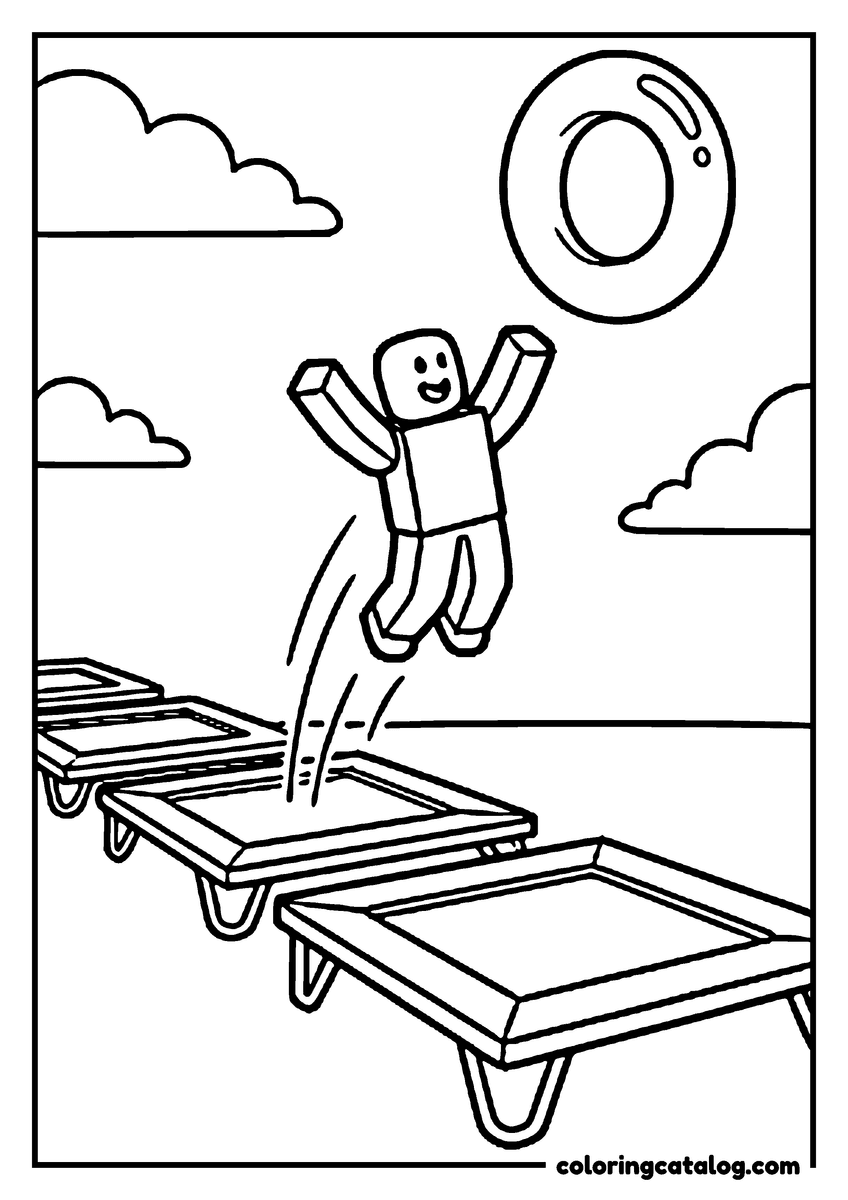 Roblox coloring page: A blocky figure bounces high off a line of three trampolines towards a floating ring