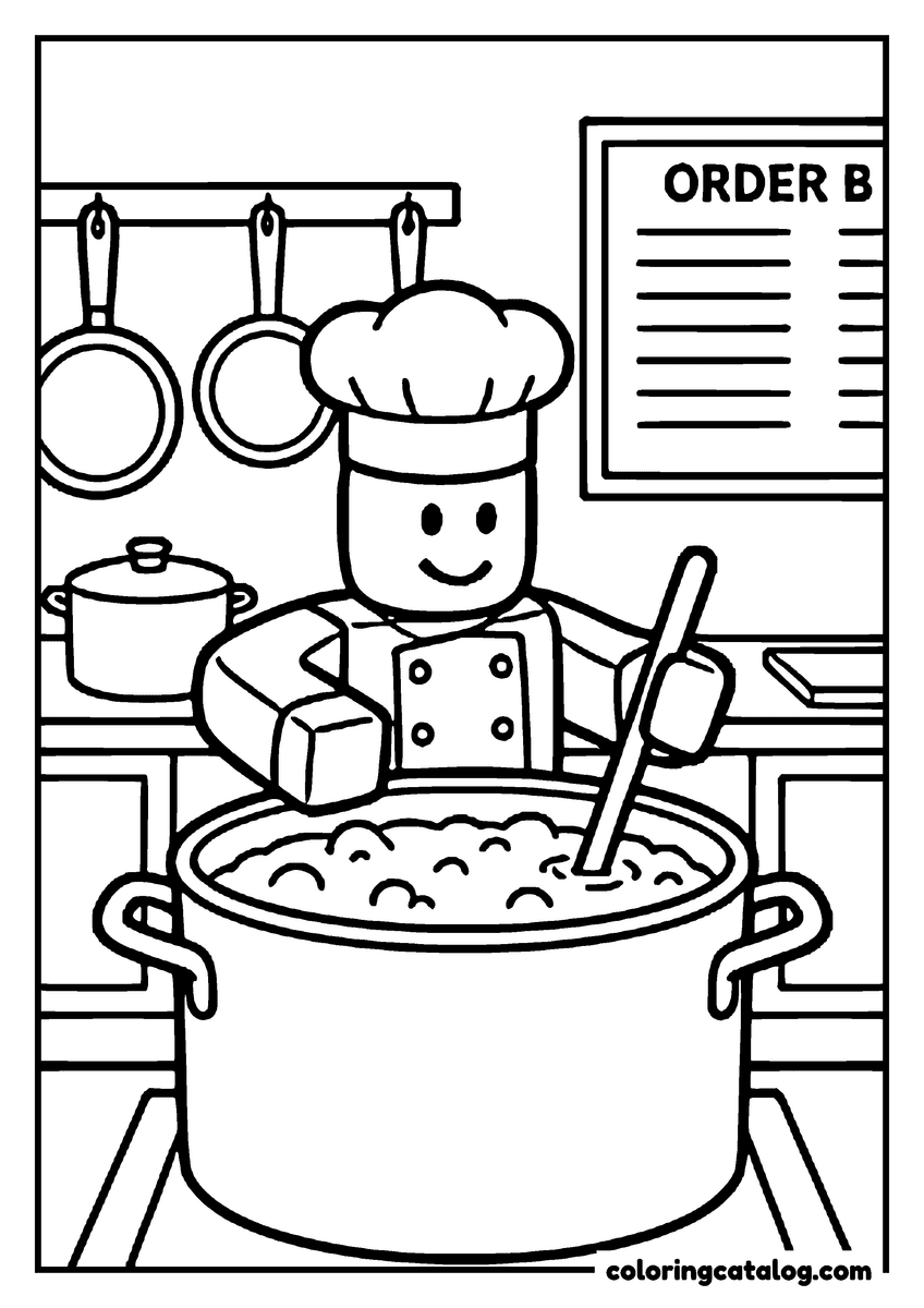 Printable Roblox coloring page: A blocky chef in a tall hat stirs a bubbling pot below a rail of hanging pans