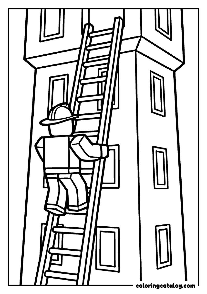Free Roblox coloring sheet: A blocky figure in a hard hat climbs a long ladder propped against a tower block