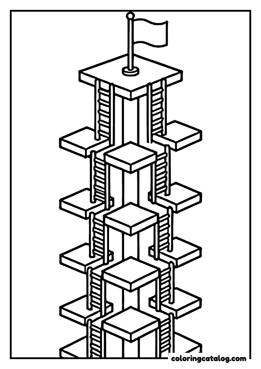 Printable Roblox coloring page: A tall tower of stacked platforms and ladders rises to a flag at the very top