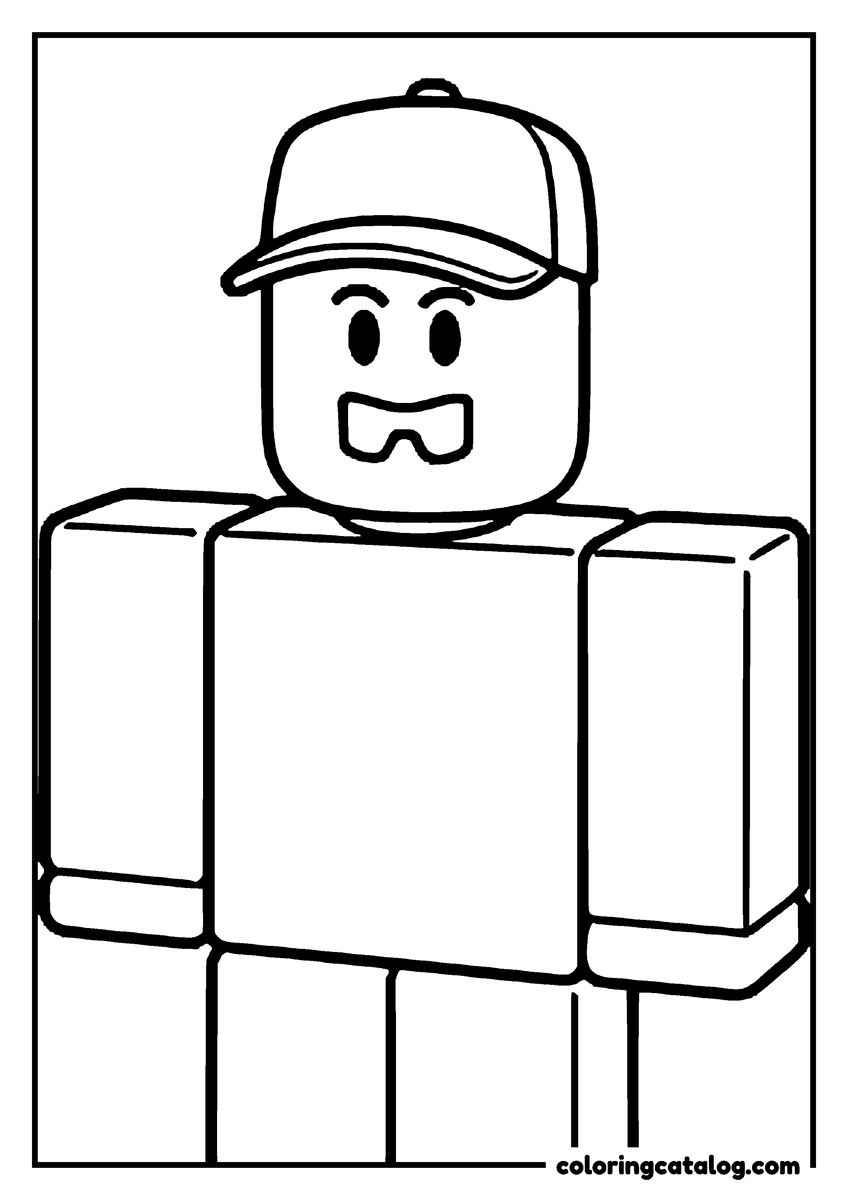 Printable Roblox coloring page: A blocky head and shoulders fill the page under a peaked cap