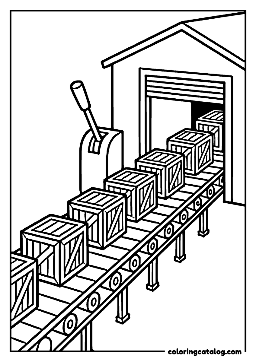 Printable Roblox coloring page: Wooden crates ride a conveyor belt towards the open shutter of a warehouse