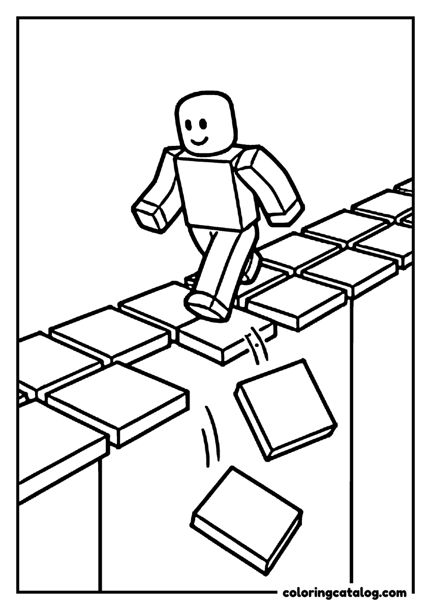 Roblox coloring page: A blocky figure runs across floating tiles while two drop away behind it