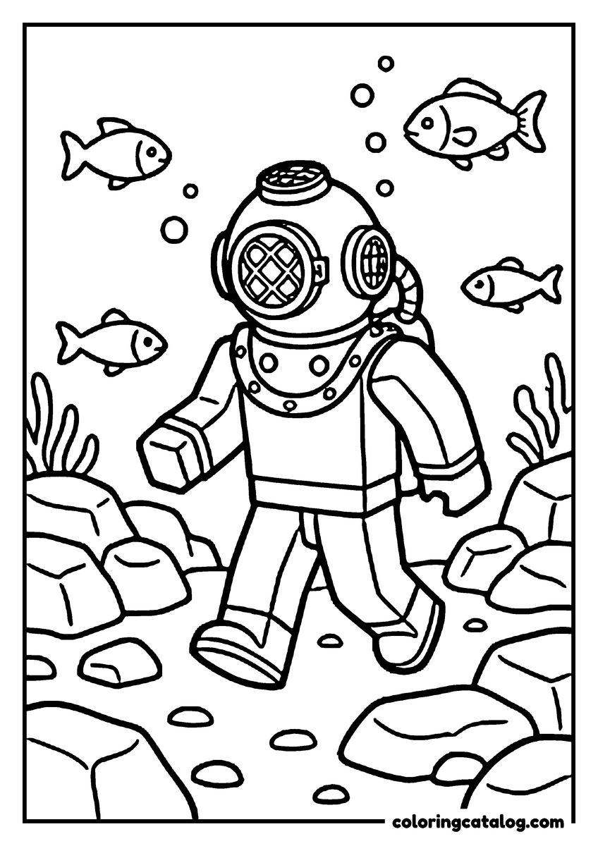Roblox coloring page: A blocky diver in a round helmet walks the seabed among fish and rising bubbles