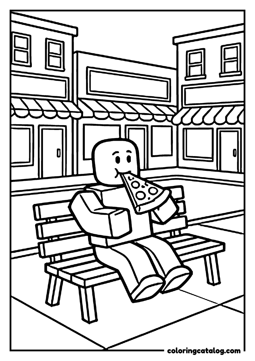 Printable Roblox coloring page: A blocky figure sits on a bench eating a slice of pizza in front of a row of shops