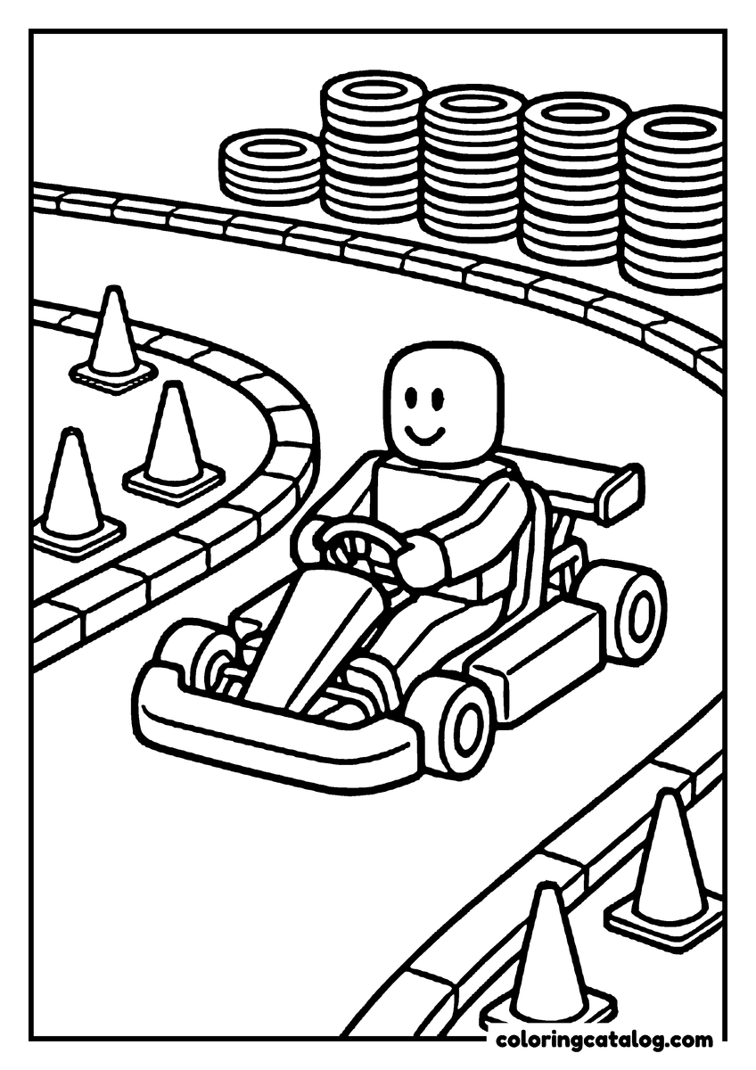 Free Roblox coloring sheet: A blocky driver takes a go-kart round a bend lined with cones and stacked tyres