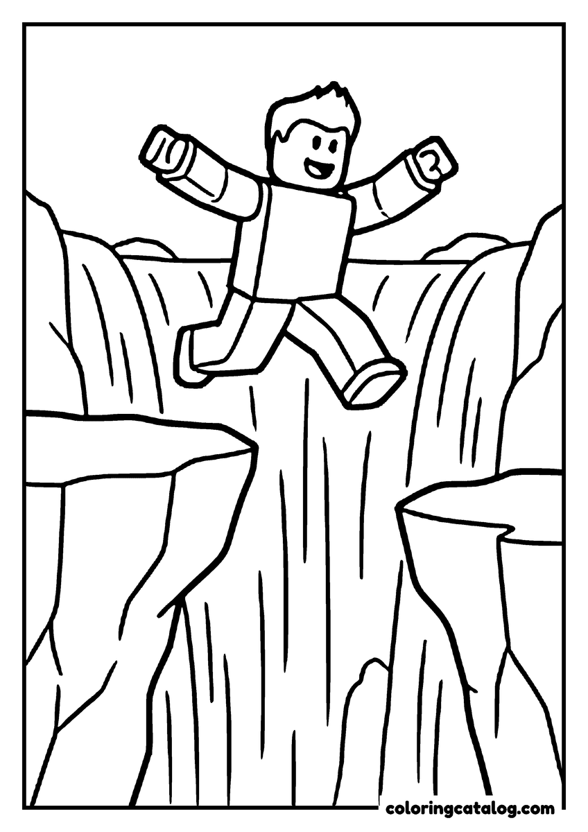 Printable Roblox coloring page: A blocky figure jumps from one cliff to another above a wide waterfall