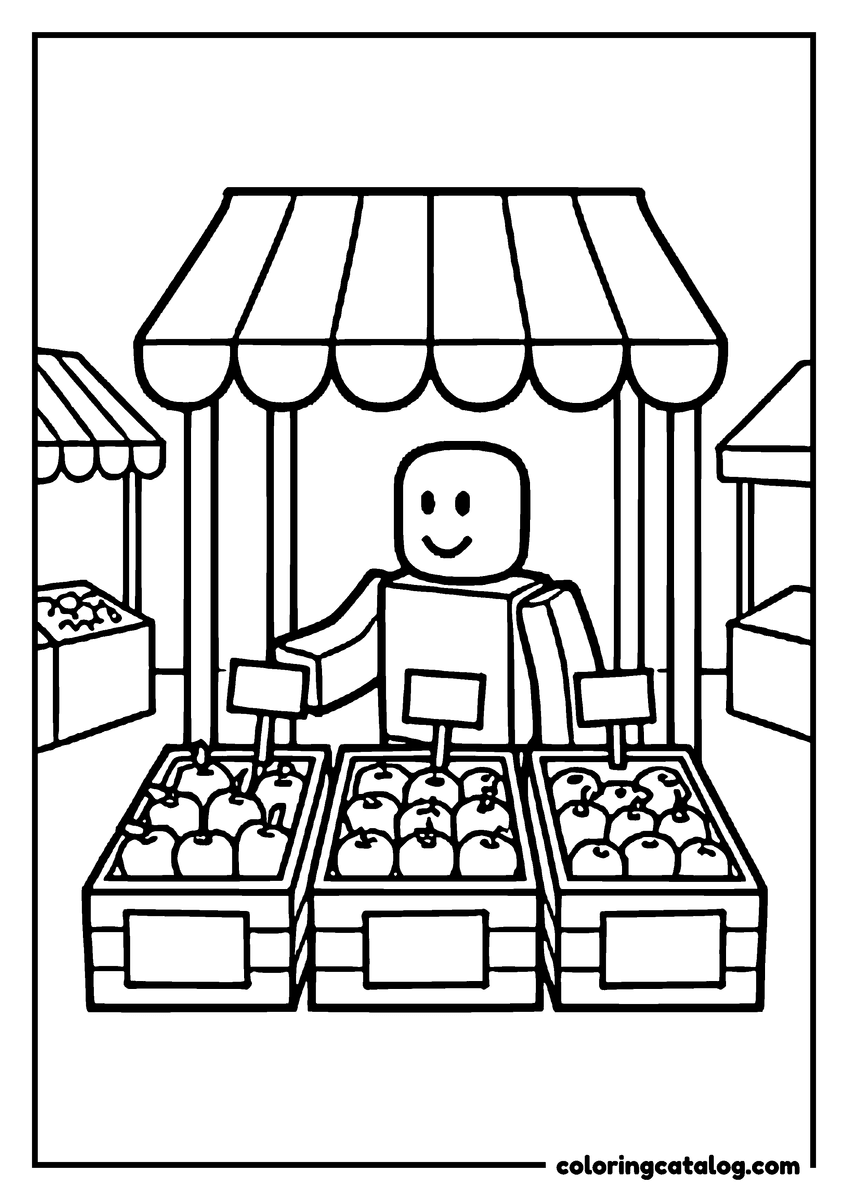 Free Roblox coloring sheet: A blocky trader stands behind three crates of fruit under a scalloped awning