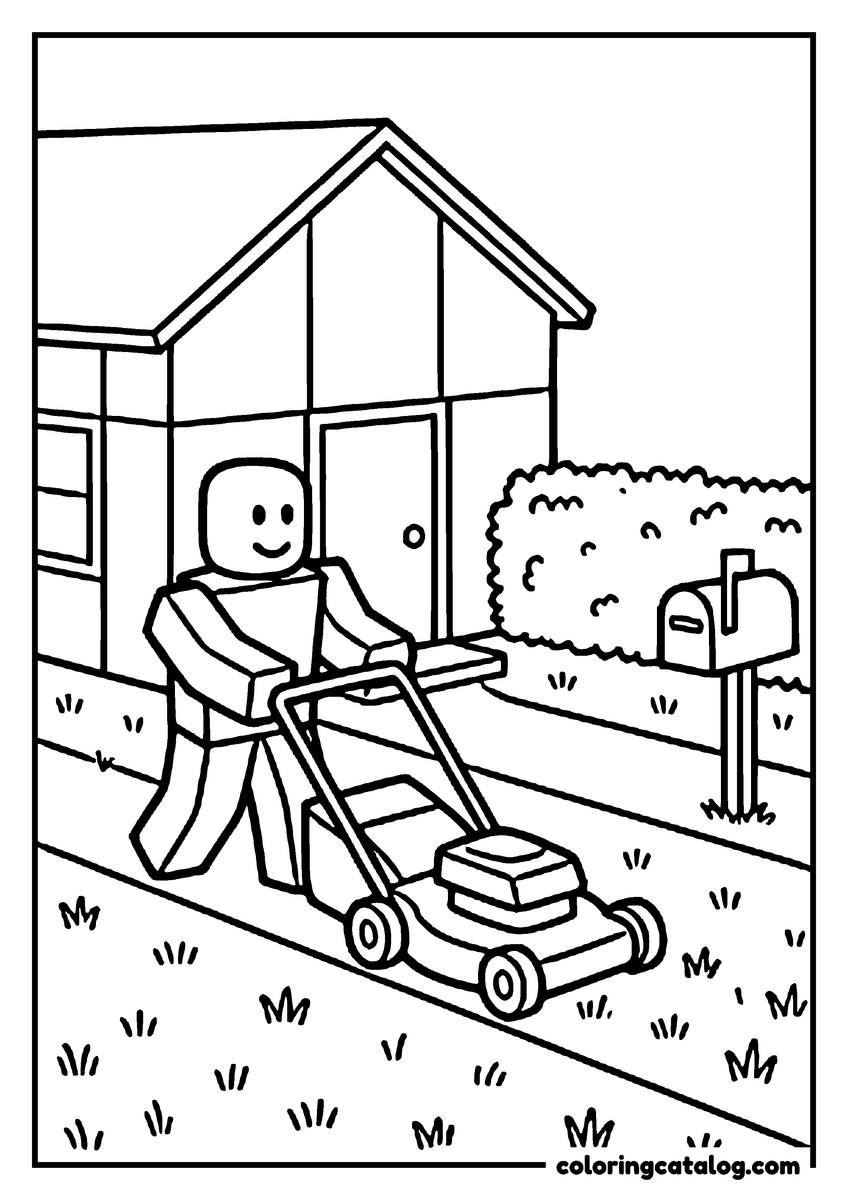 Roblox coloring page: A blocky figure pushes a mower across a front lawn beside a mailbox and a clipped hedge
