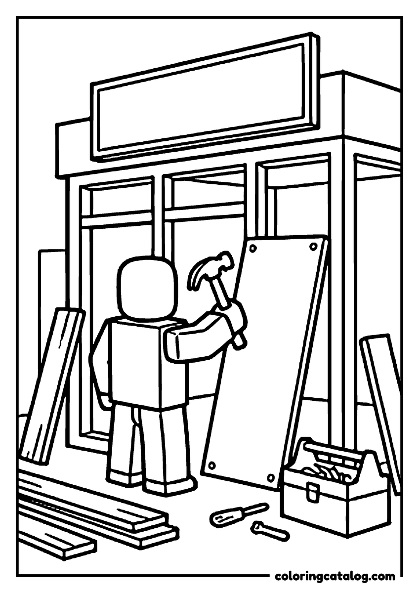 Free Roblox coloring sheet: A blocky figure hammers a blank board above a shopfront beside planks and a toolbox