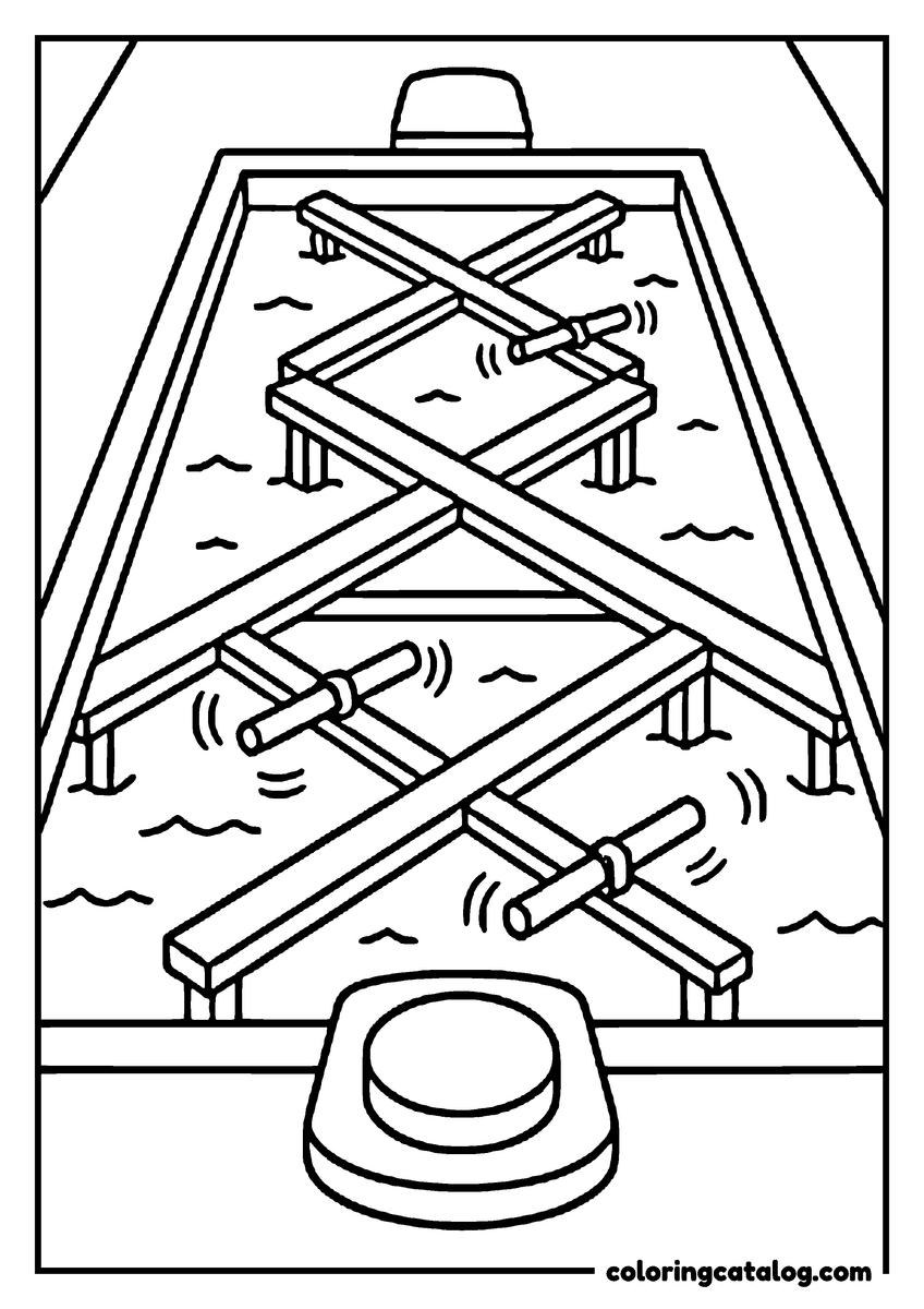 Free Roblox coloring sheet: Spinning beams and rollers block a narrow ramp above a button pad at the bottom