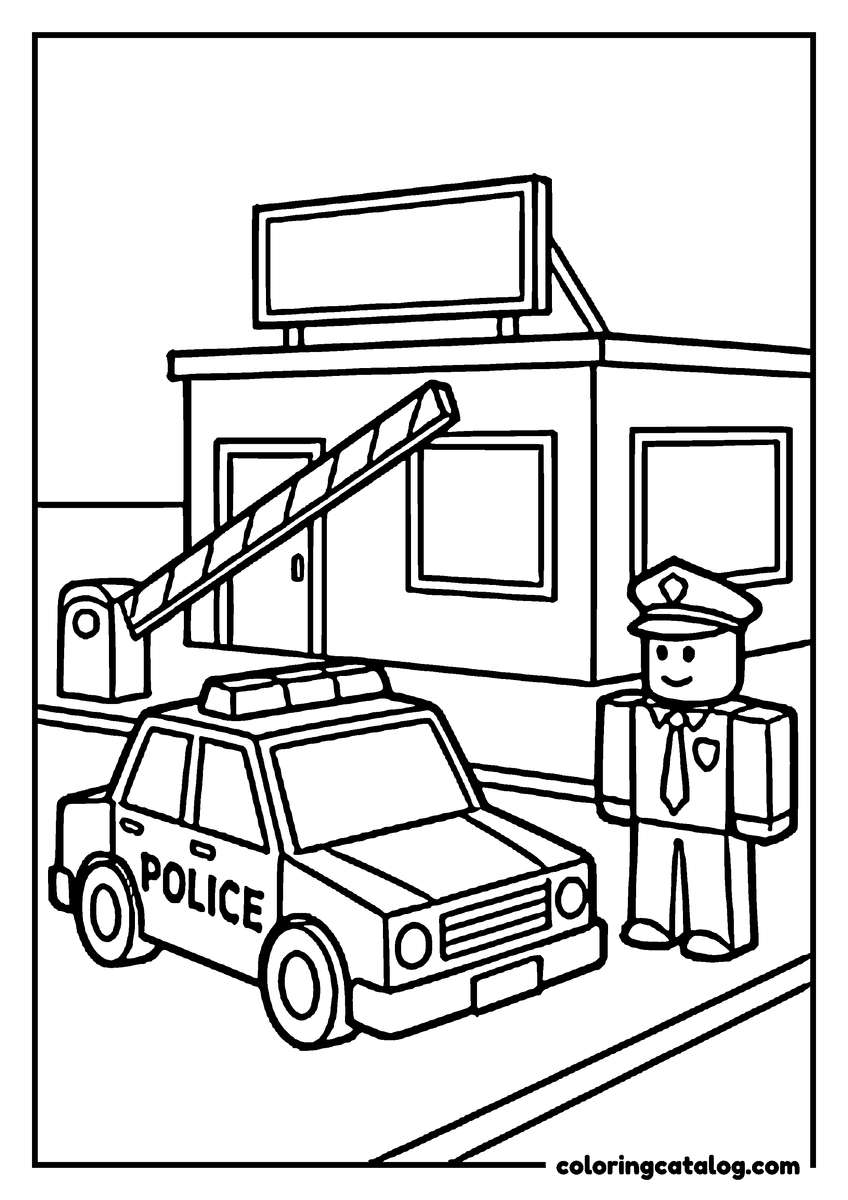Roblox coloring page: An officer stands beside a police car at a raised barrier outside a station