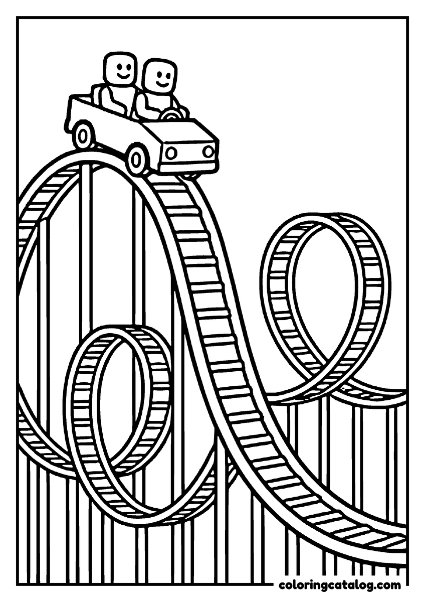 Roblox coloring page: Two blocky riders crest the top of a roller coaster above a pair of full loops