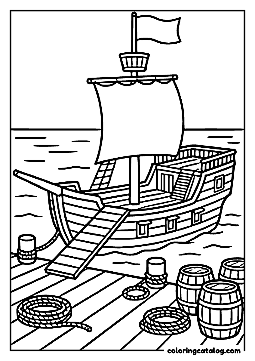 Free Roblox coloring sheet: A blocky sailing ship is moored at a dock of barrels and coiled rope, its gangplank down