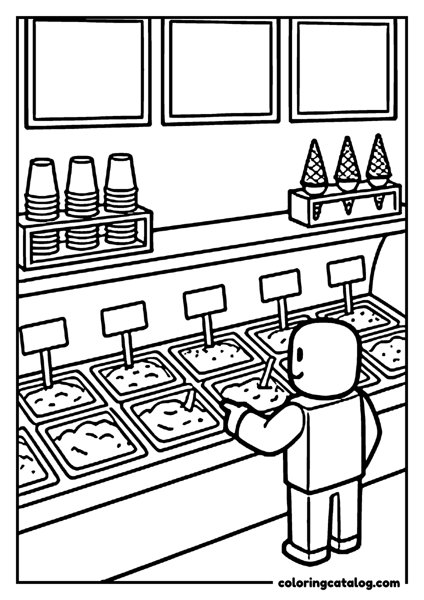 Roblox coloring page: A blocky figure reaches over a counter of open ice cream tubs below blank menu boards