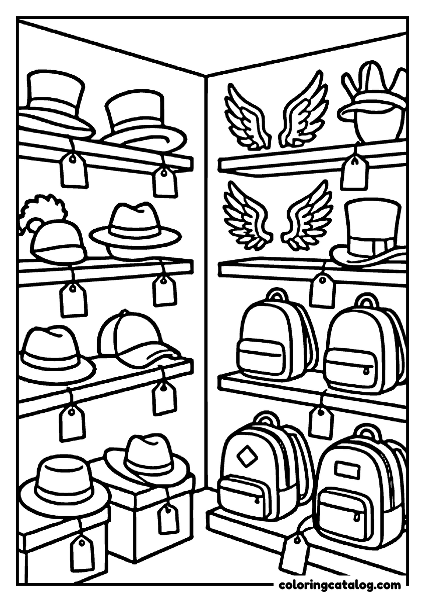 Printable Roblox coloring page: Shelves of hats, feathered wings and backpacks hang on tagged display racks