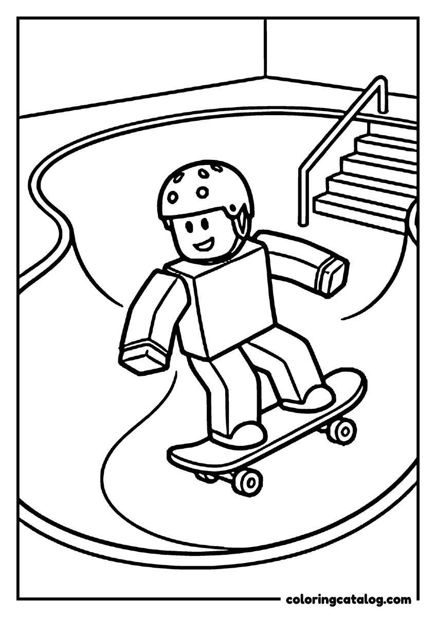 Roblox coloring page: A blocky figure in a helmet rides a skateboard up the side of a concrete bowl