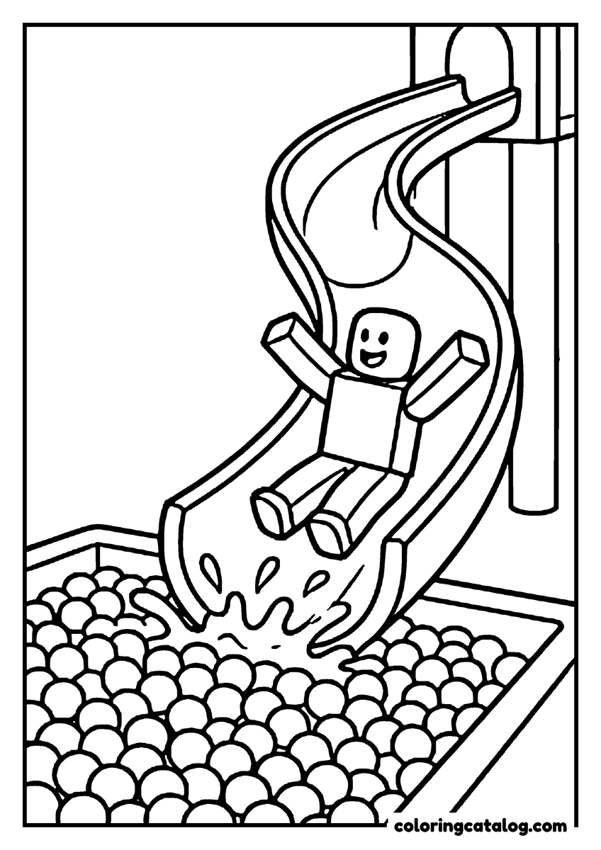 Free Roblox coloring sheet: A blocky figure rides a curling slide down into a pit filled with round balls