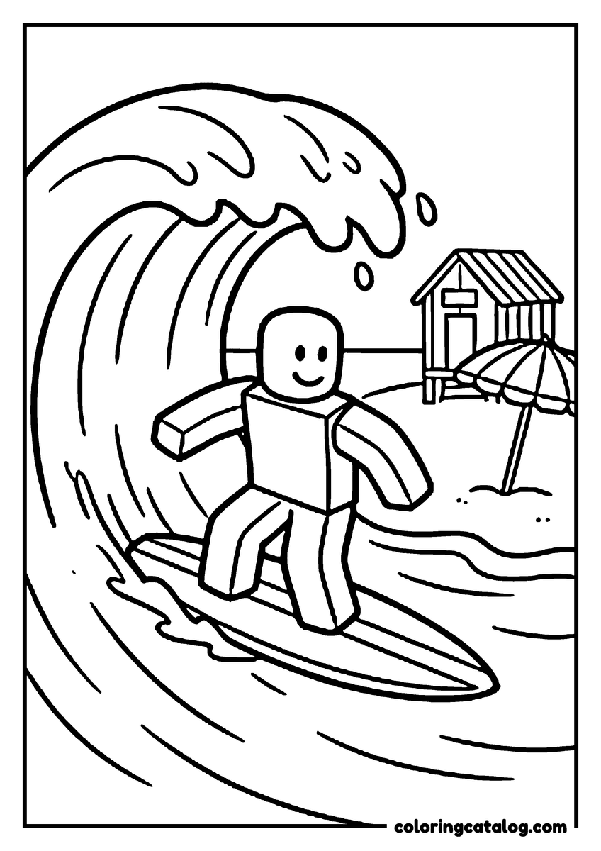 Free Roblox coloring sheet: A blocky figure rides a surfboard under a curling wave near a beach hut and parasol