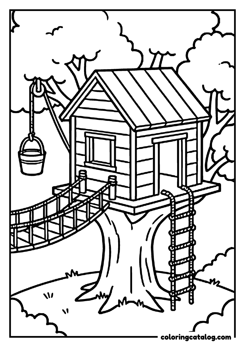 Roblox coloring page: A treehouse sits in a broad tree with a rope bridge, a ladder and a bucket on a pulley