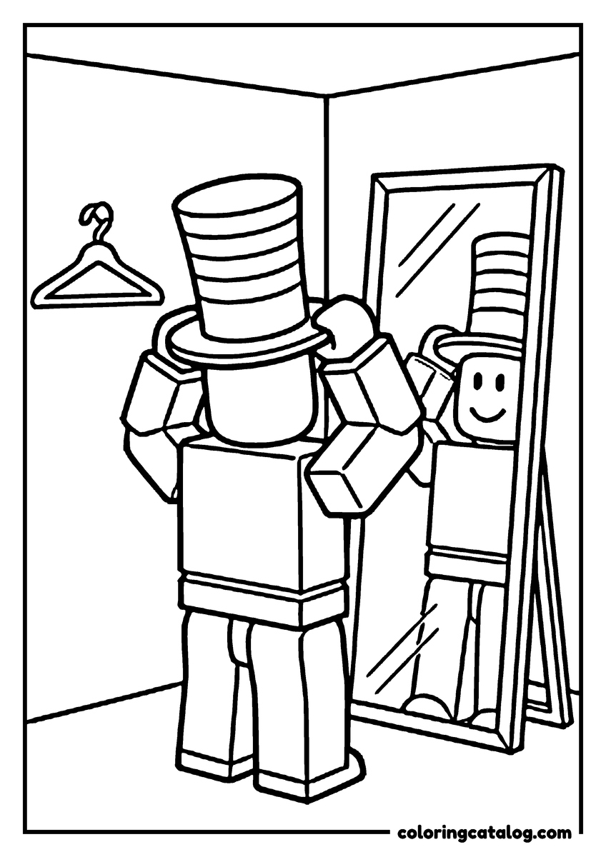 Roblox coloring page: A blocky figure checks a tall striped hat in a standing mirror beside an empty hanger