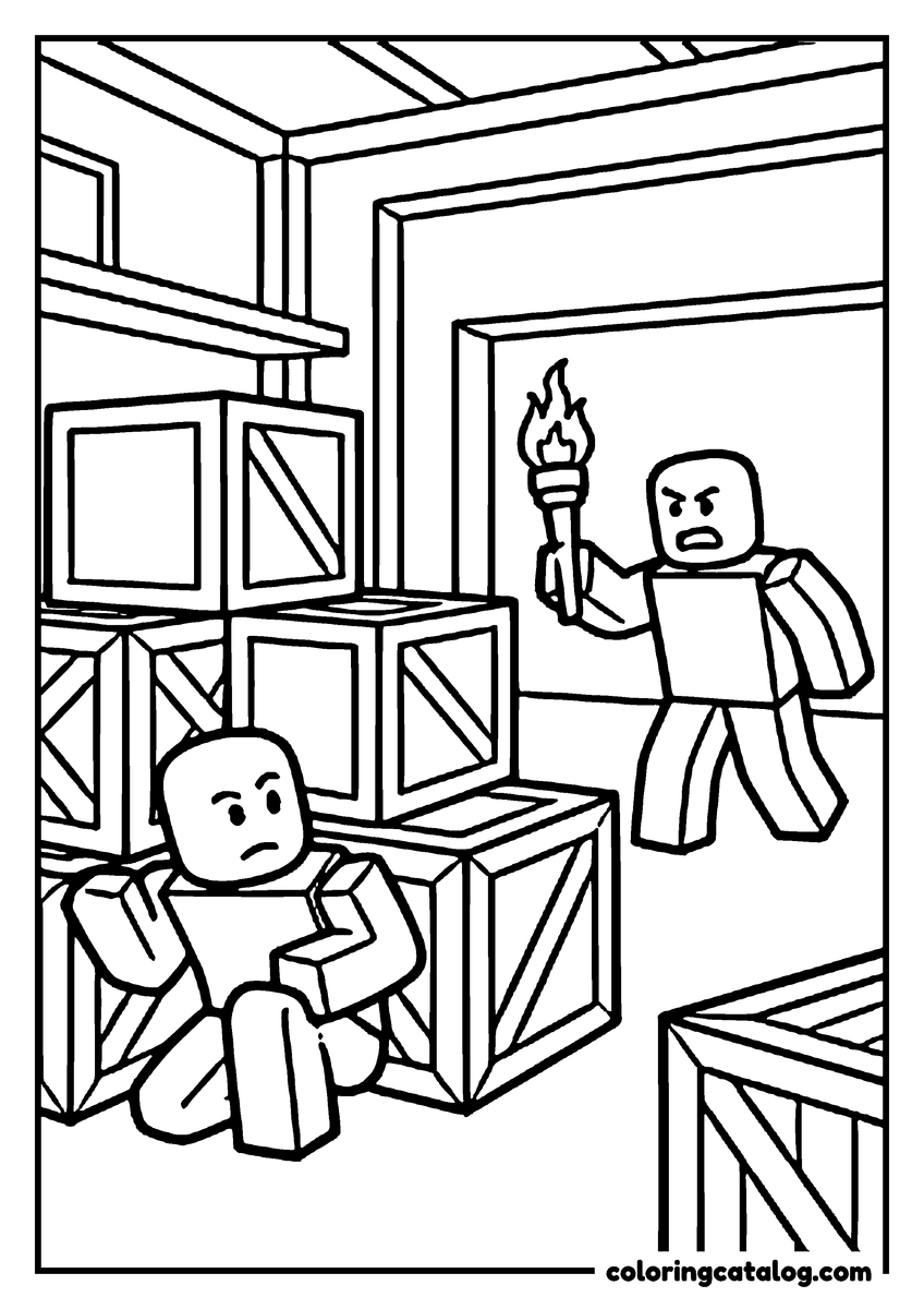 Free Roblox coloring sheet: One blocky figure holds a torch among stacked crates while another crouches behind them