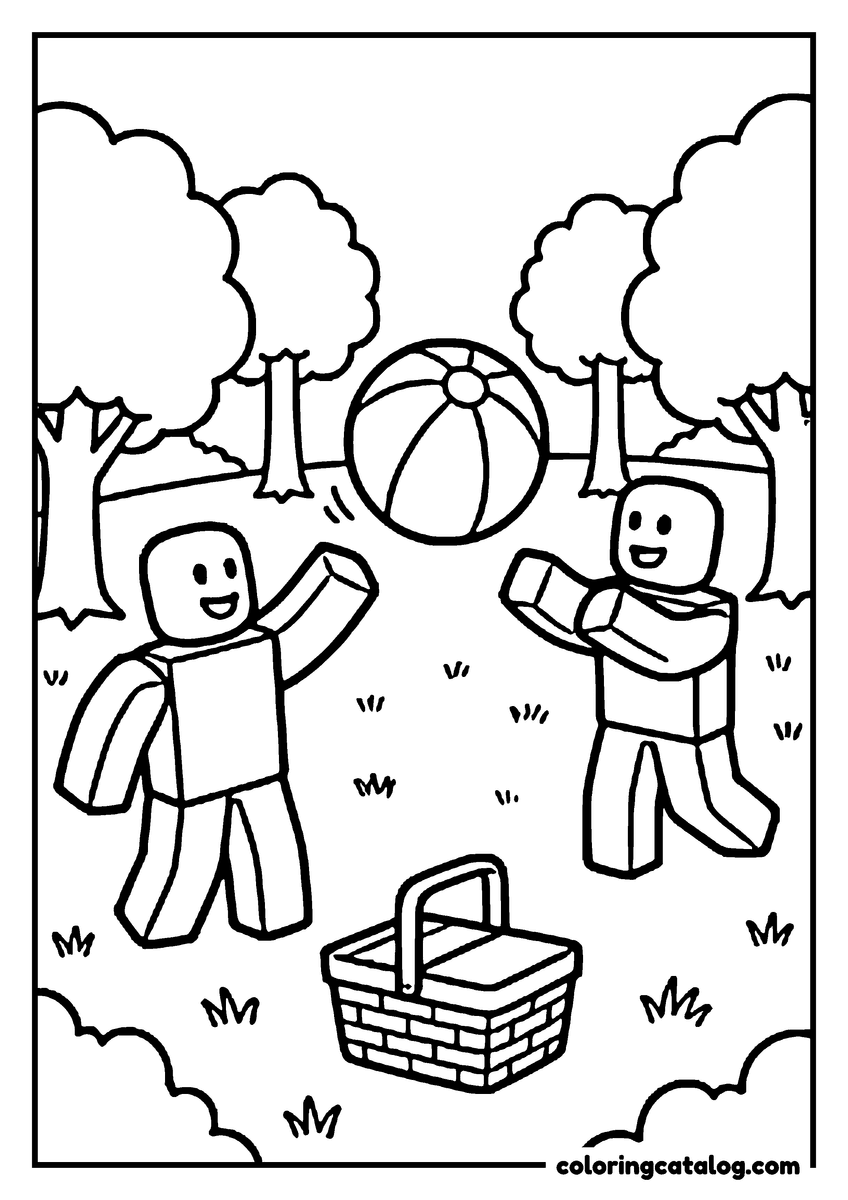 Printable Roblox coloring page: Two blocky figures knock a striped ball between them on the grass beside a picnic basket