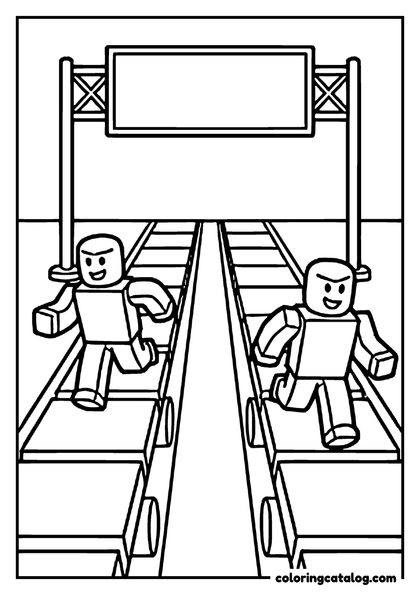 Printable Roblox coloring page: Two blocky figures race along parallel moving walkways below a blank overhead board