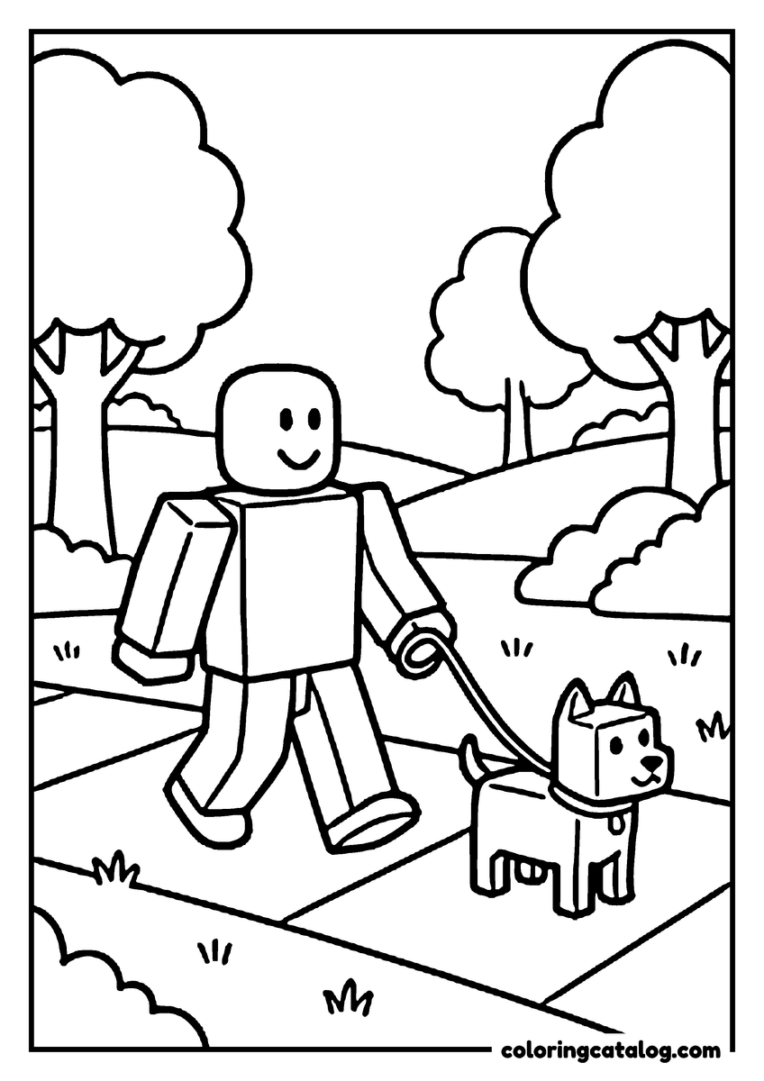 Printable Roblox coloring page: A blocky figure walks a square-headed dog on a lead along a park path