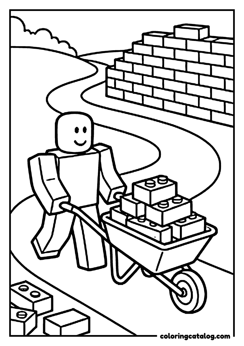 Roblox coloring page: A blocky figure pushes a barrow of studded bricks along a path towards a half-built wall
