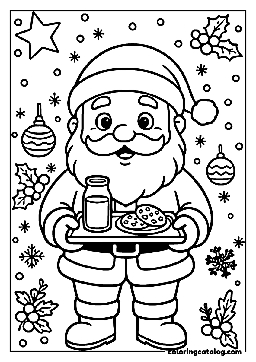 Printable coloring page: A cheerful Santa holds a tray with cookies and milk, surrounded by festive decorations