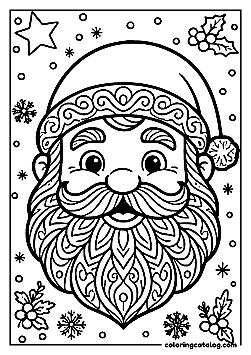 Free printable coloring sheet: A detailed Santa Claus face with intricate patterns, surrounded by snowflakes, stars, and holly leaves