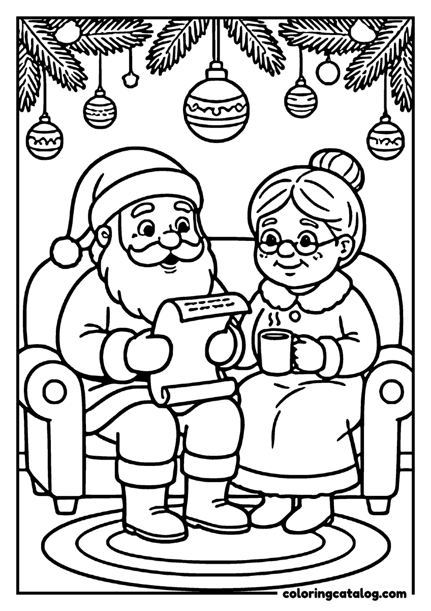 Printable coloring page: Santa and Mrs Claus sit together in an armchair reading the wish list, with a mug of cocoa and baubles hanging above