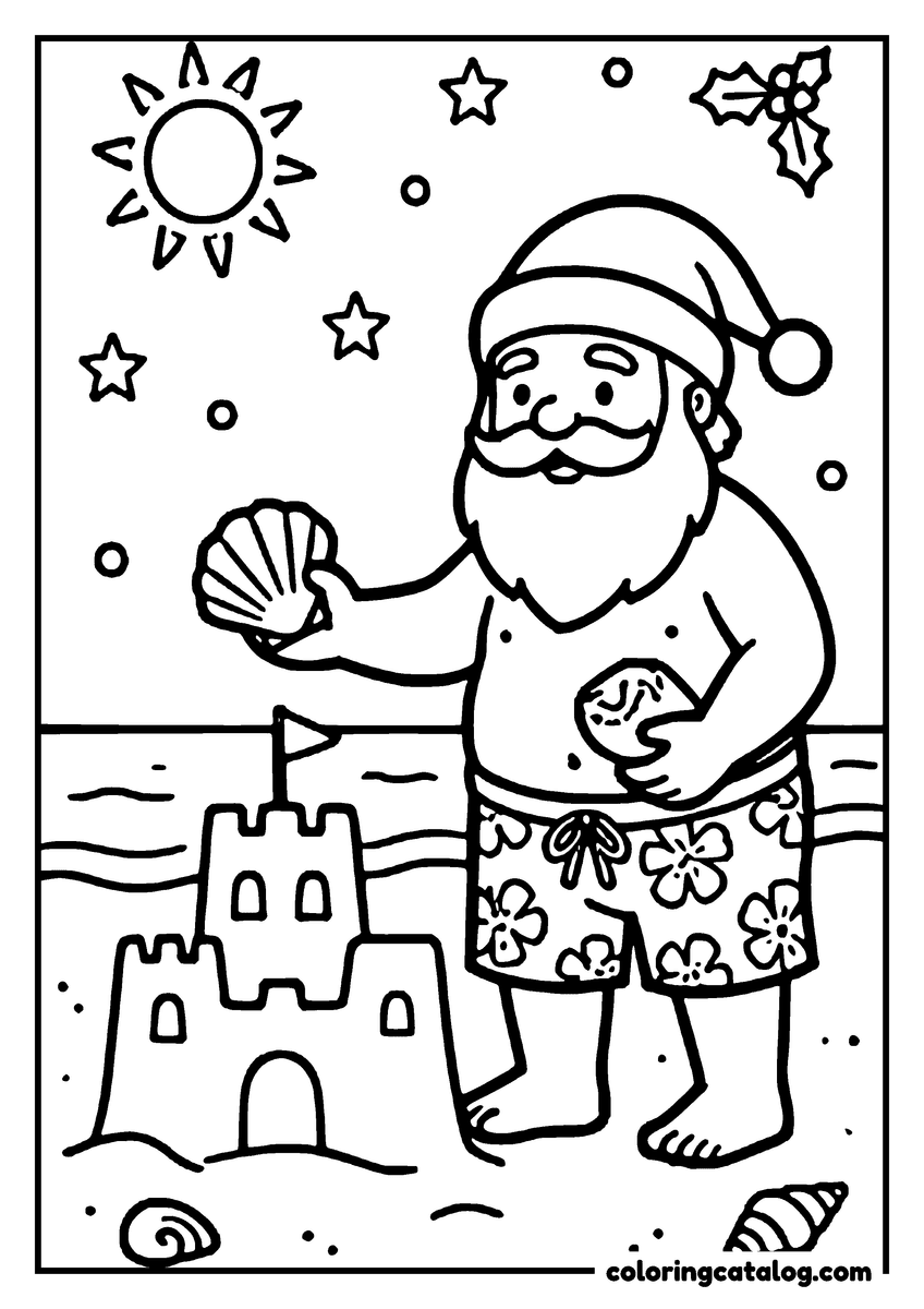 Santa coloring page of Santa Claus in swim shorts on the beach holding a seashell, a sandcastle beside him and the sun above