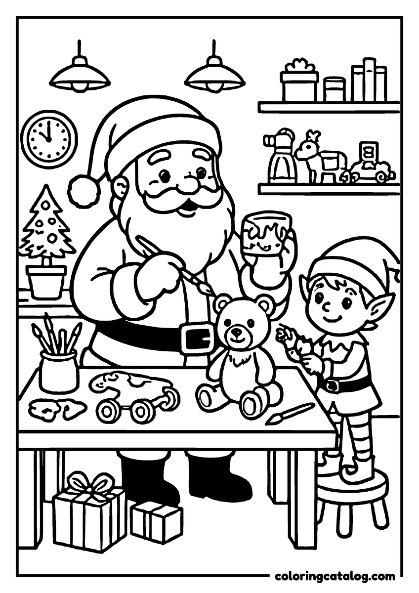 Printable coloring page: Santa Claus and an elf are decorating a teddy bear in a workshop with toys and gifts around
