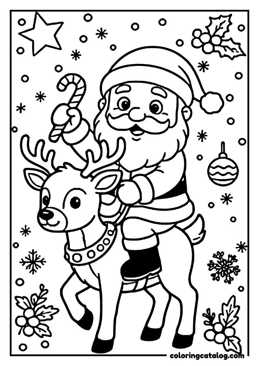 Coloring page: Santa Claus and his reindeer are dancing in the snow, holding a candy cane and surrounded by Christmas decorations