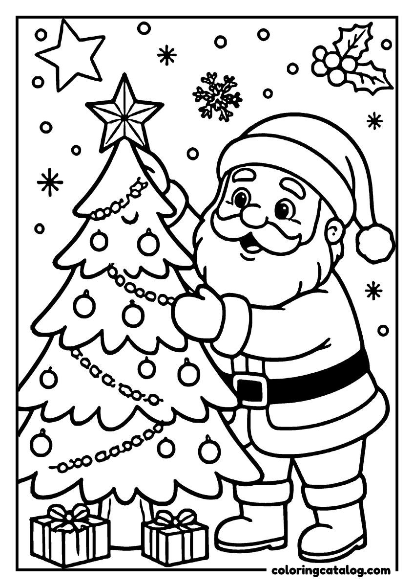 Free printable coloring sheet: Santa Claus decorating a Christmas tree with stars and ornaments, surrounded by presents and snowflakes