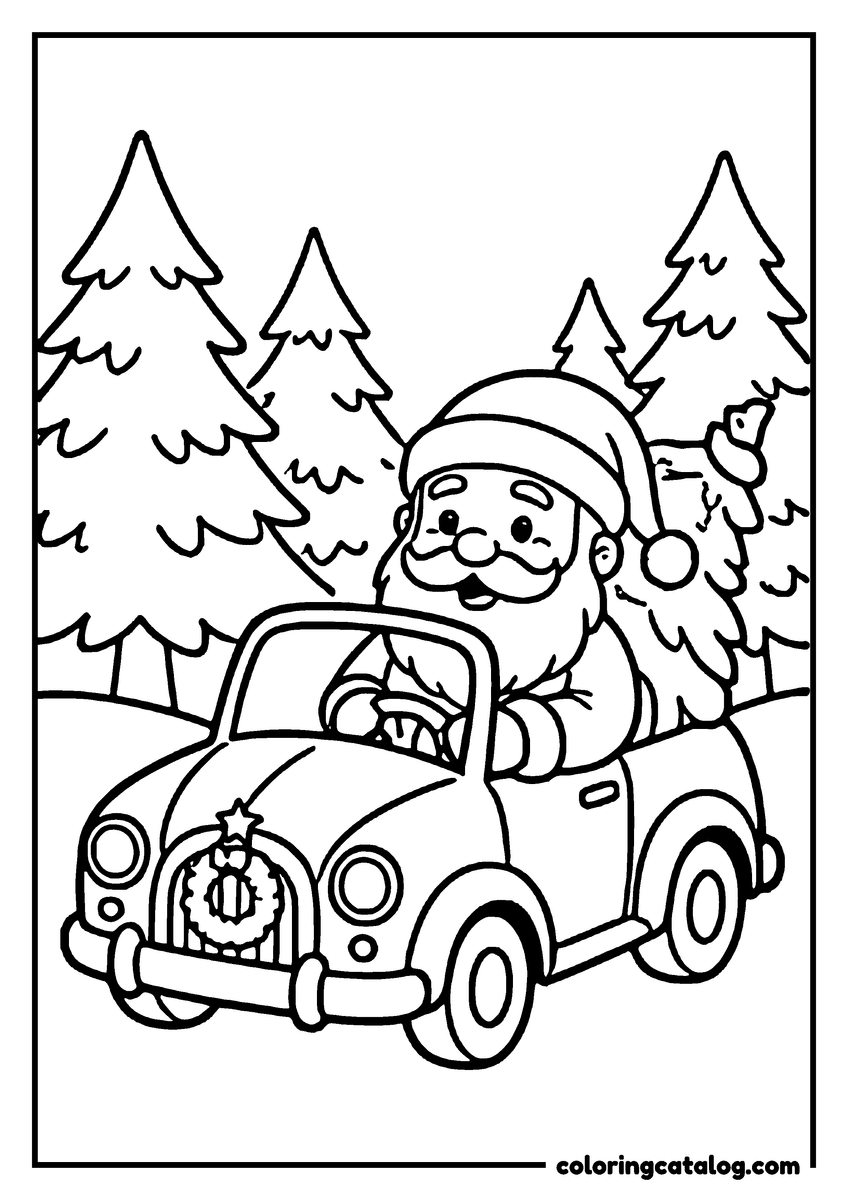Free printable coloring sheet: Santa Claus drives a vintage car through a snowy forest, surrounded by tall pine trees