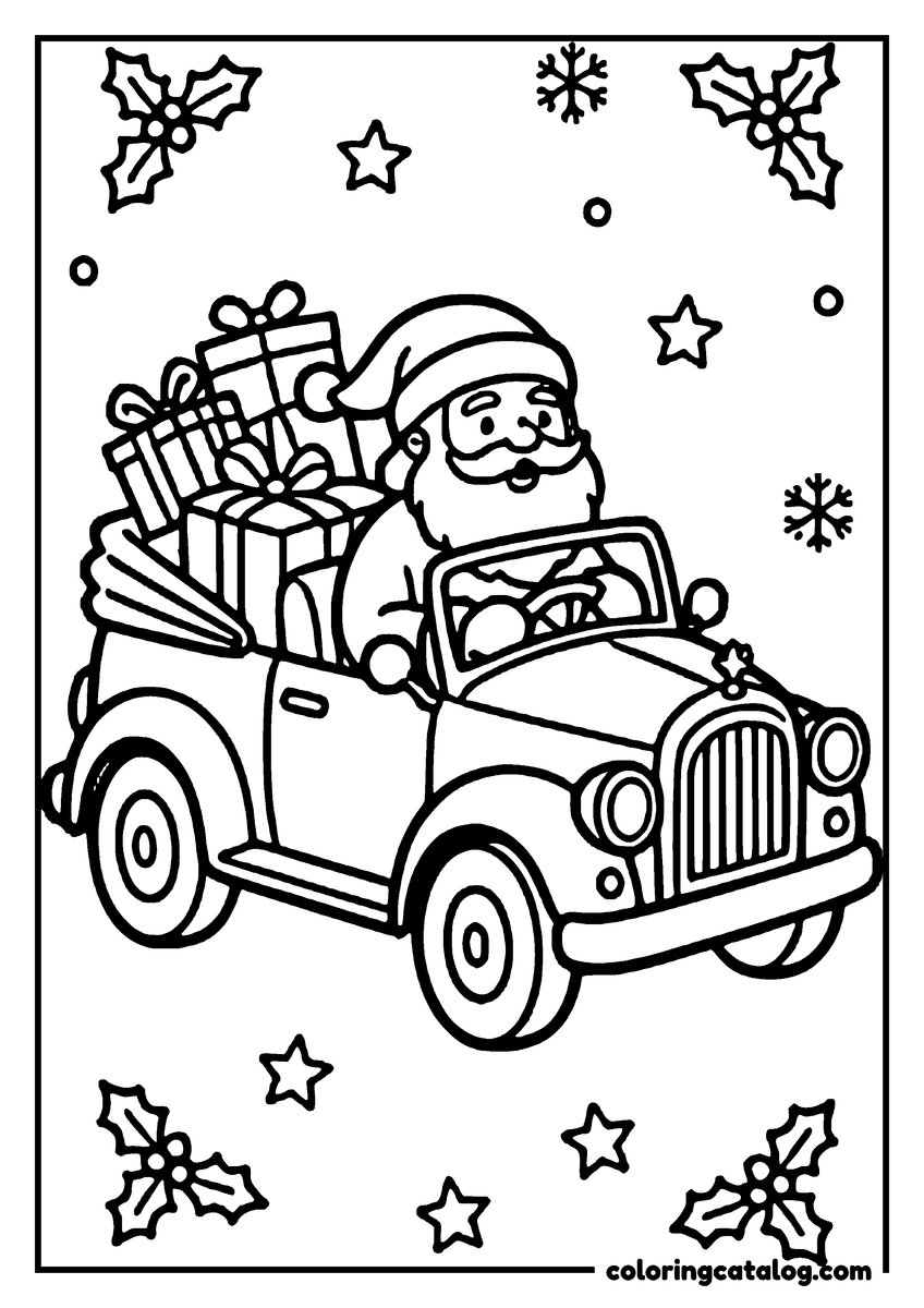 Free printable coloring sheet: Santa Claus driving a vintage car, surrounded by holly leaves and snowflakes