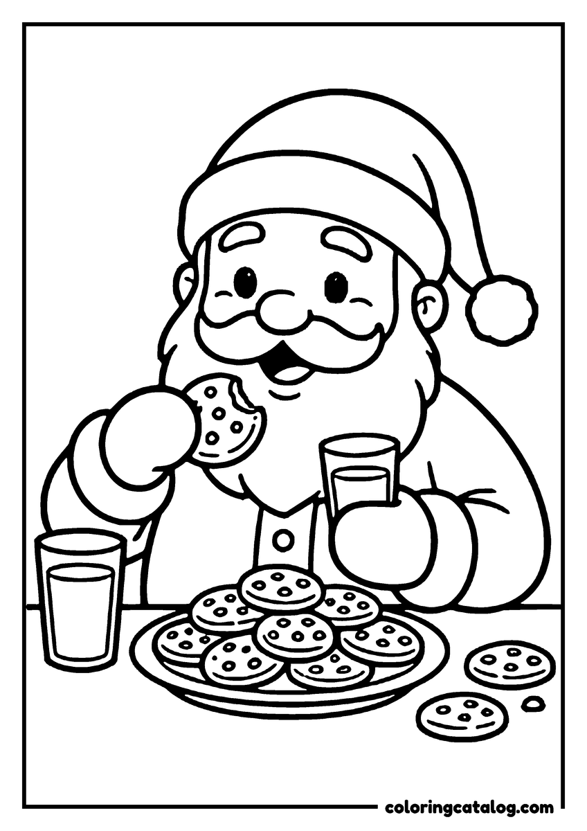 Coloring page: Santa Claus enjoys cookies and milk at a festive Christmas table