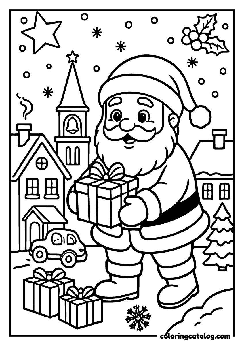 Free printable coloring sheet: Santa Claus holding a gift box in a snowy village with houses, trees, and a church