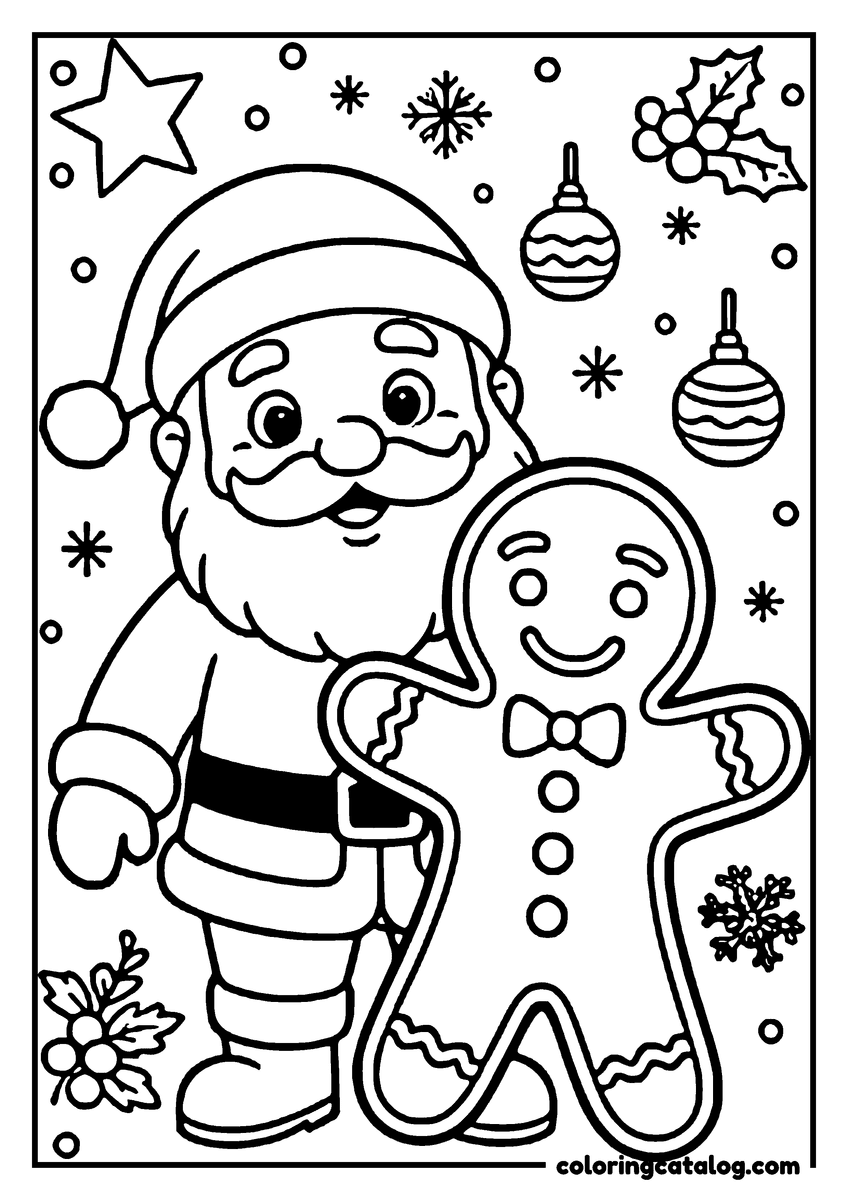 Free printable coloring sheet: Santa Claus holding a gingerbread man, surrounded by festive decorations