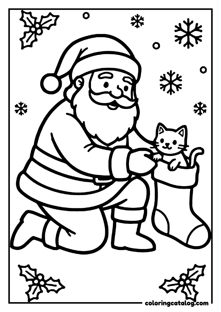 Free printable coloring sheet: Santa Claus holding a kitten in a stocking, surrounded by snowflakes and holly leaves
