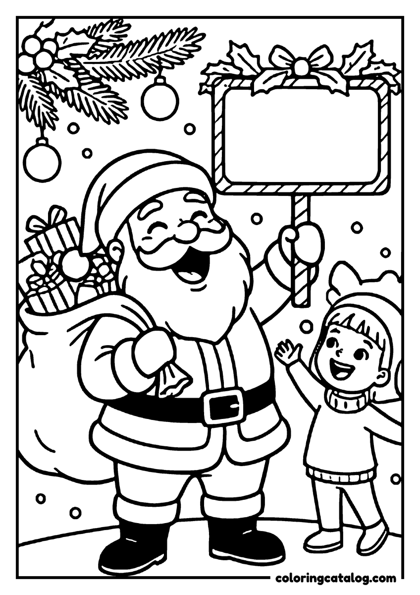 Coloring page: Santa Claus holding a sign, children waving, Christmas tree, ornaments, snowflakes