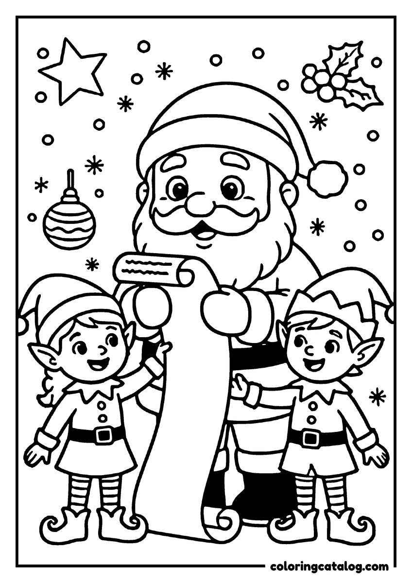 Printable coloring page: Santa Claus holds a list, surrounded by two elves, with festive decorations in the background