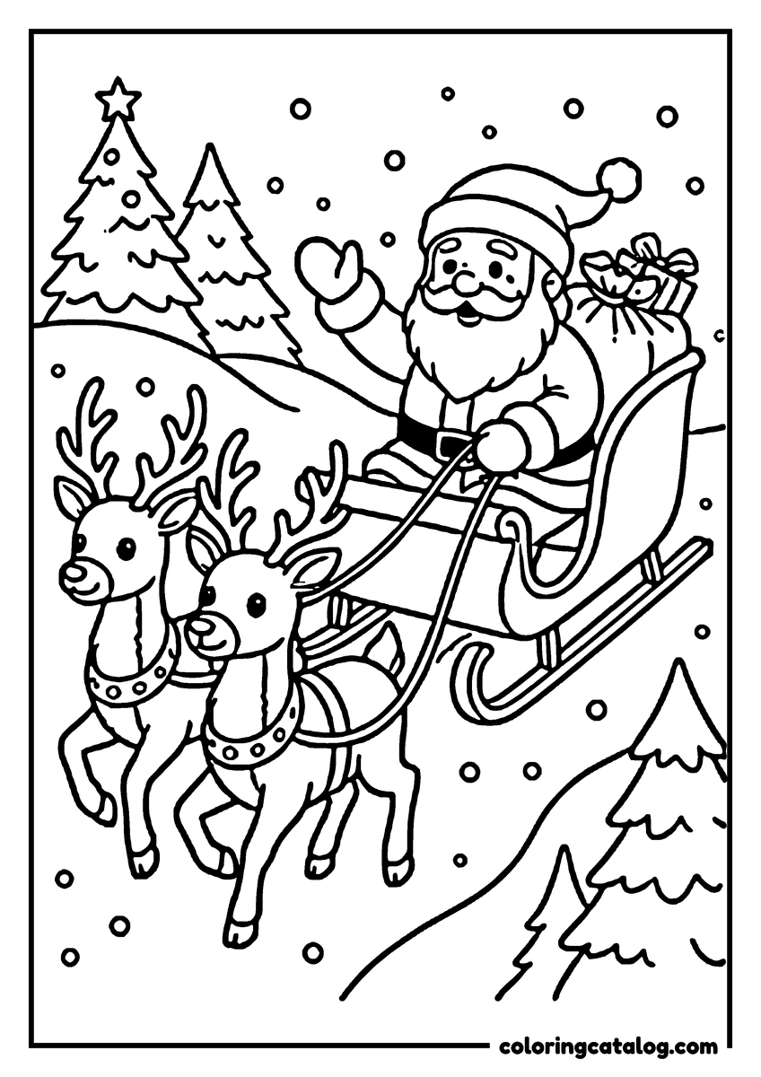 Printable coloring page: Santa Claus in sleigh with reindeer, waving, surrounded by snowy trees and falling snow
