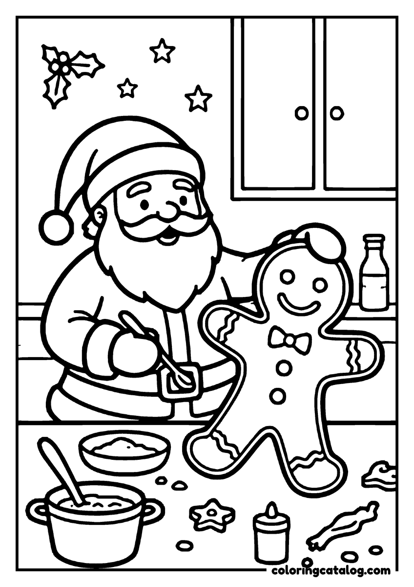 Coloring page: Santa Claus is baking a gingerbread man in a cozy kitchen