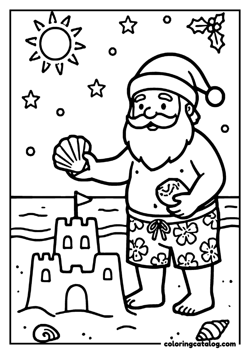 Printable coloring page: Santa Claus is building a sandcastle on the beach, holding a seashell and a rock, with a sun and stars in the sky